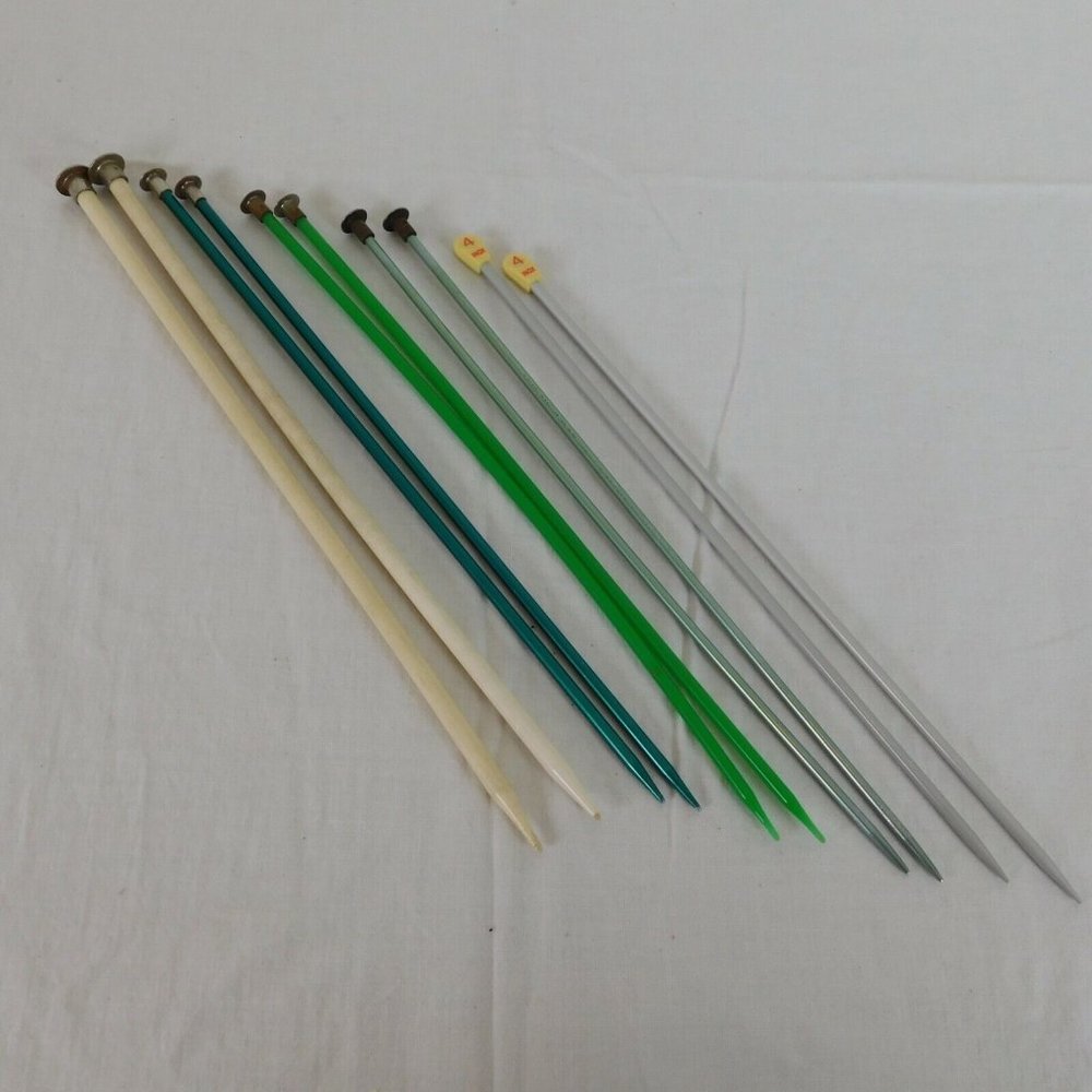 Knitting Needles Lot 5 Pairs Metal Plastic Boye 5 & 3 Hero 10 Inex 4 Green Gray